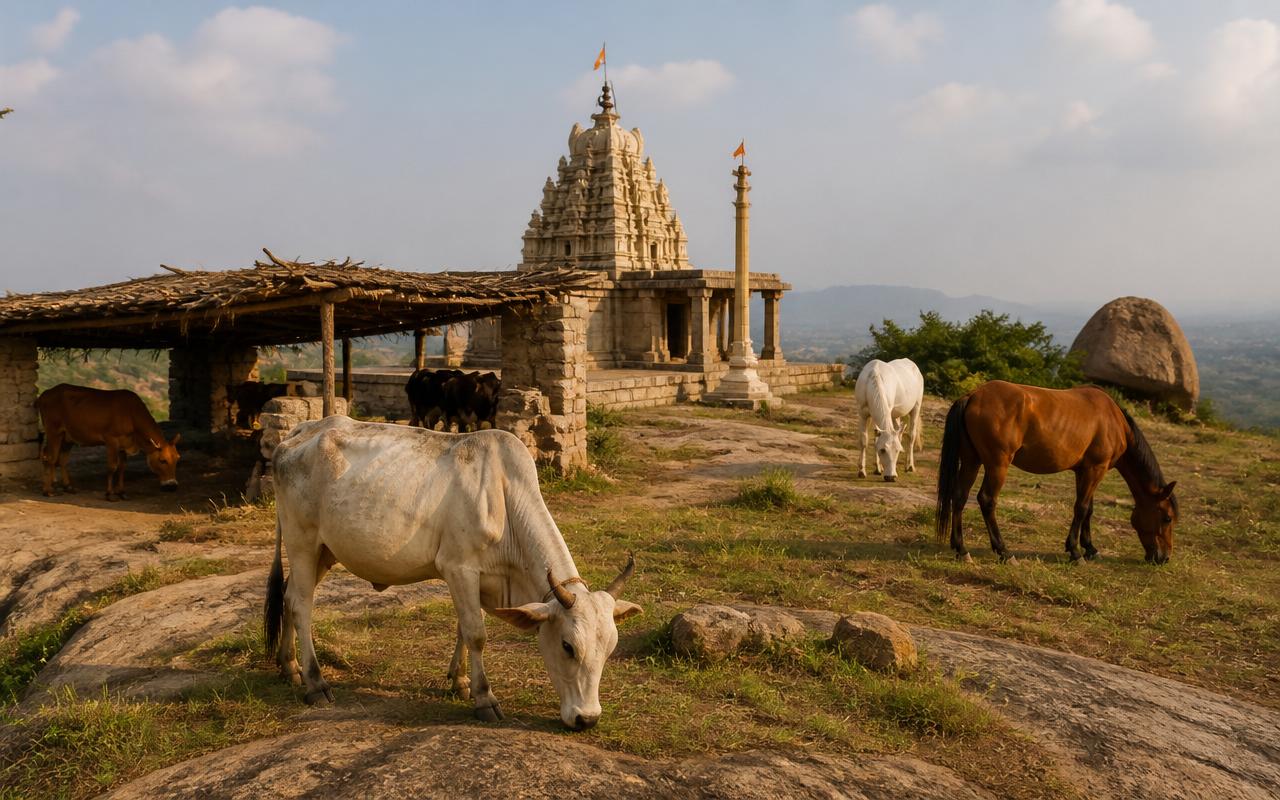 Cows and horses on the hilltop